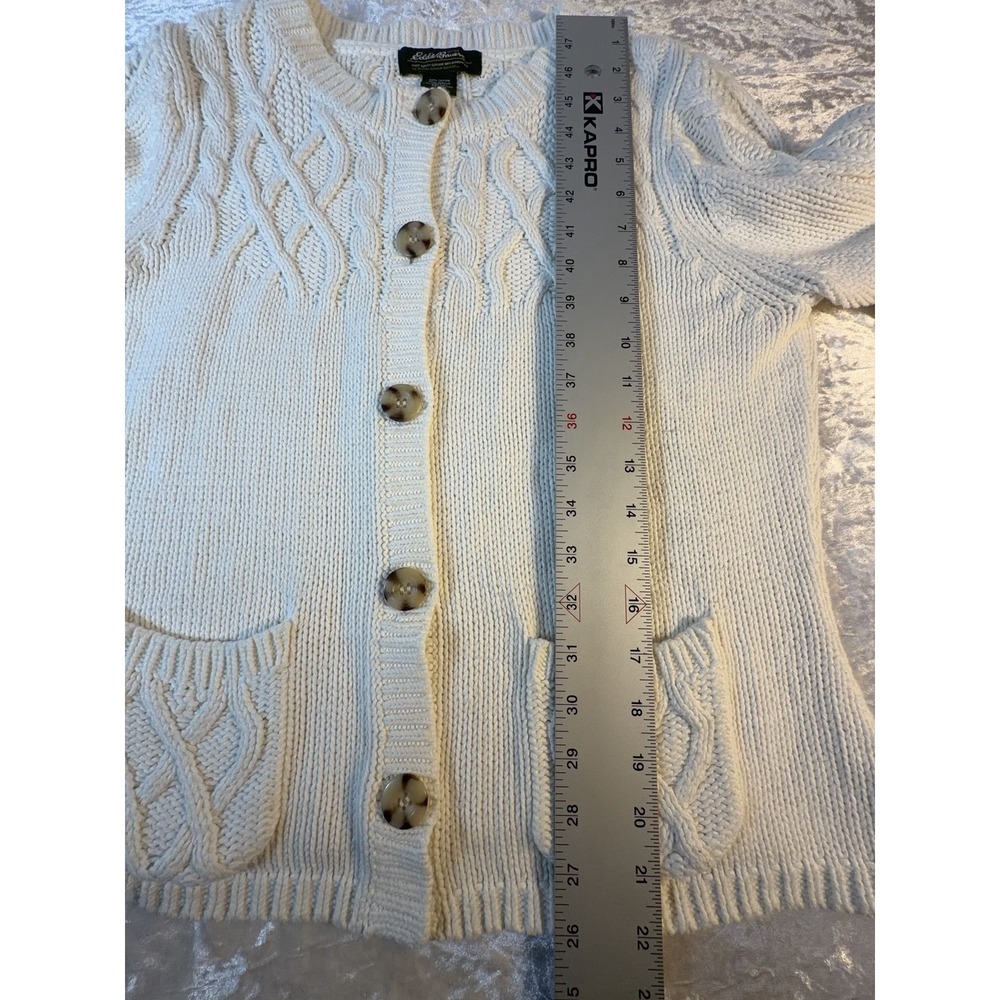 Vintage Y2K Eddie Bauer Womens L Petite Cable Knit Cardigan Sweater Ivory - Picture 7 of 8